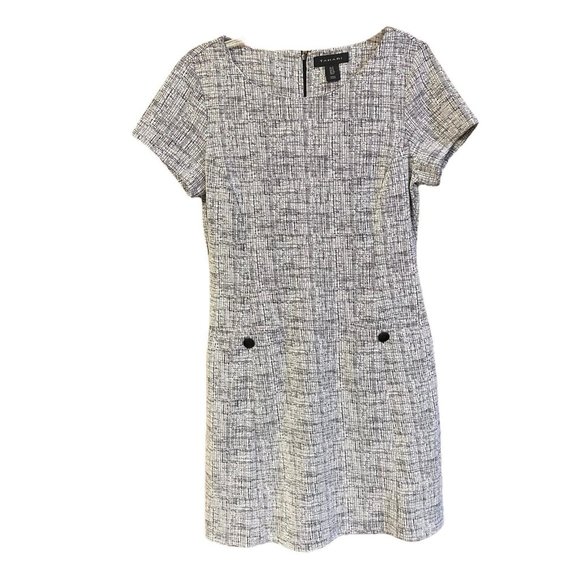 Tahari White Black Crosshatch Print Stretch Sheath Dress Pockets Womens Size 8 - Picture 1 of 7